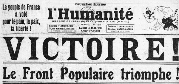 Vitória da Frente Popular. L`Humanité, jornal do PCF. 4 de maio de 1936. Vitória da Frente Popular. L`Humanité, jornal do PCF. 4 de maio de 1936.