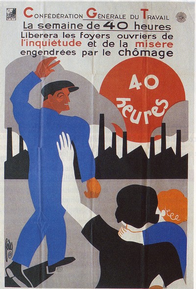 Cartaz da CGT sobre a semana de 40 horas de trabalho, em 1936. Cartaz da CGT sobre a semana de 40 horas de trabalho, em 1936.