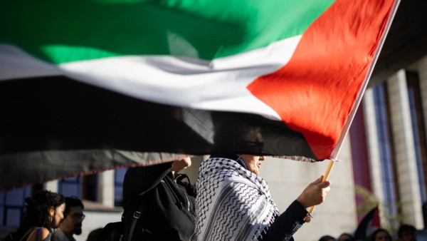 manifestante com bandeira da Palestina